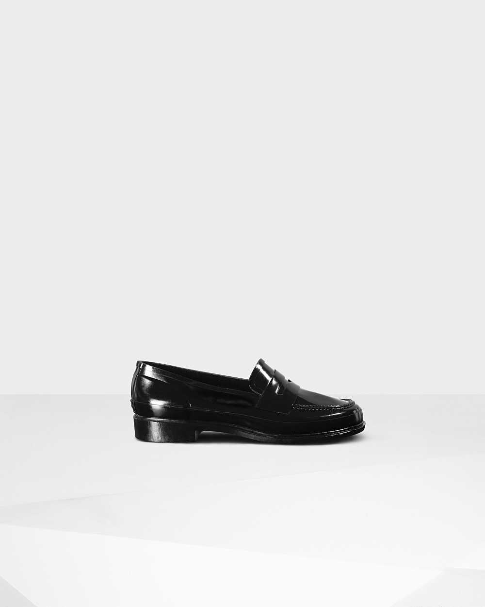 Womens Hunter Original Gloss Penny Loafers Black | USQDHY-952